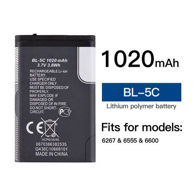 Batterie ricaricabili per cellulari BL-5C Liion per Nokia 6600 6230 3650 E50 N70 1100 6268 E70 3.7V 1020mAh